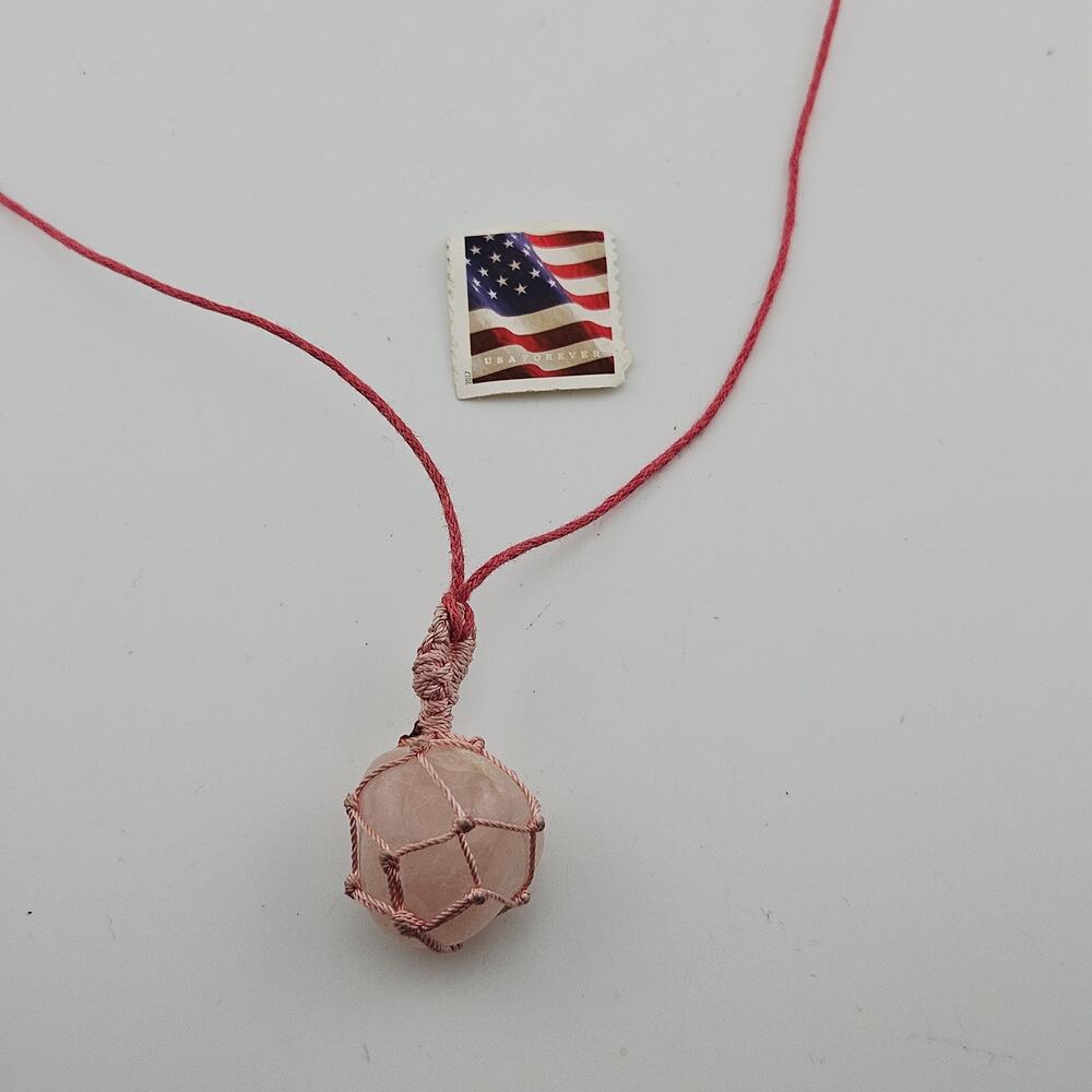 Rose Quartz Tone Pendant Necklace Fishing Float Style String Tied Pink Hippie - Picture 5 of 5